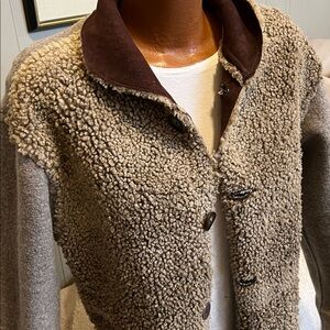 Searle shearling sheepskin boiled wool reversible cardigan jacket S brown & tan